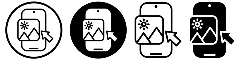Mobile image click icon set isolated on transparent background. Select image on mobile phone. Choose media from gallery. Smartphone photo selection symbols.