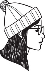 Fashionable woman wearing a warm beanie hat and stylish glasses in profile artwork