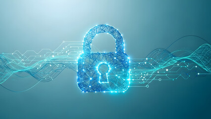 Glowing digital padlock icon symbolizing cybersecurity, data protection and secure connection on blue technology background