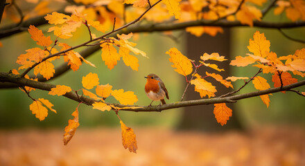 autumn leaves on a branch and robin