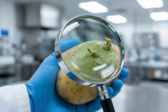 Food scientist performing visual inspection of toxic green potato sprouts using magnifying glass for solanine detection in laboratory safety check