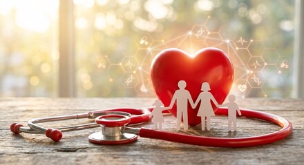 Family health protection concept with heart stethoscope medical icons on a rustic wooden background