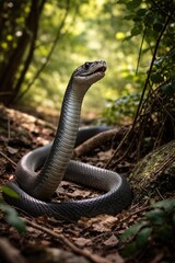 Fototapeta premium Black mamba venomous snake in defensive warning posture on forest path in African woodland, dangerous wild reptile with raised head showing threat behavior in natural habitat