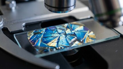 Colorful crystal structure under bright microscope objective lens captures scientific detail