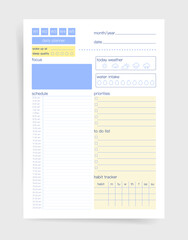 Obraz premium Daily planner template with sleep and water intake trackers, focus block, weather icons, priorities and to do list, schedule, weekly tabs, and habit tracker grid. Clean printable page.