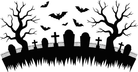 Isolated a black silhouette of a scary cemetery landscape with graves, crooked trees and flying bats - halloween themed seamless panorama vector art with white background.