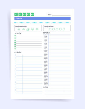 Weekly tab daily planner template with objective header, weather and mood tracker icons, priority list, checkbox to do list, schedule from 5am to 11pm, and notes. Clean vector page.