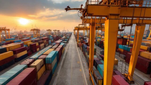 Vast container terminal at sunset with cranes and stacked cargo containers ready for shipping
