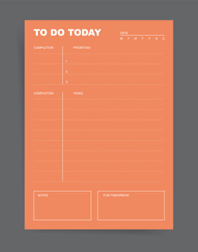 To Do Today planner template with completion tracker, priority list and tasks lines, date and weekday header, notes and for tomorrow boxes. Minimal orange vector printable page layout.