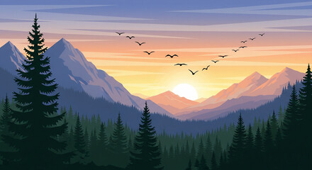 sunset in the mountains and bird