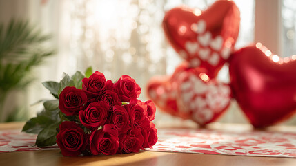 valentine's day background with a bouquet of red roses and heart-shaped balloons on the table, with copy space for text and bokeh lights. valentine's day concept. Background, mockup for Valentine’s da