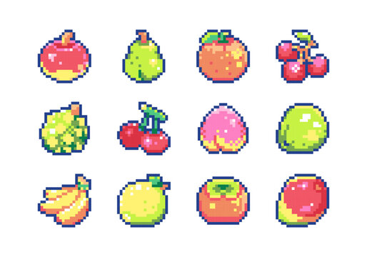 Pixel art fruit icons set in retro 8bit style. Vector pixelated pear, orange, cherry, custard apple, double cherry, peach, lime, banana, lemon, persimmon, apple, mango sprites for game UI, stickers.