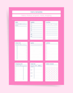 Memo templates set for planners: daily weekly monthly and yearly notes, checklist and wishlist pages, habit tracker, finance budget and meal shopping lists. Minimal printable vector layouts.
