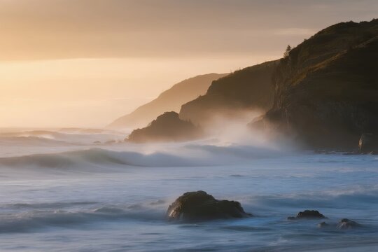 Ocean waves crashing against rocky coastline at sunrise with mist rising from the water - Powered by Adobe