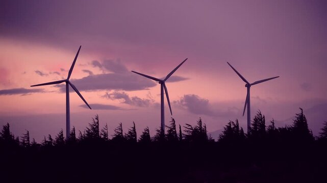 Wind Turbines Power Generator At Dusk
