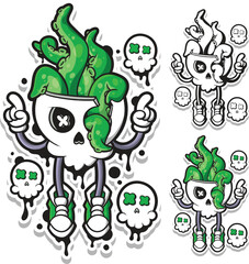 Funky Skull Mascot with Green Tentacles Sticker Vector Illustration Set