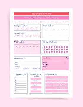 Planner trackers and checklists template sheet with habit and task tracker, water intake, weather, 30 day challenge, shopping list, meals and daily check-in. Pink printable vector layout