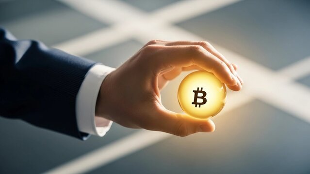 Businessman holding a glowing crystal ball containing the bitcoin symbol suggesting future success and financial investment opportunities in cryptocurrency markets - Powered by Adobe