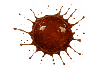 Brown liquid splash forming a dynamic crown shape with droplets on a transparent background, depicting movement and energy