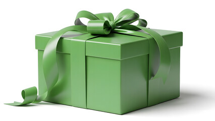 Green gift box with ribbon bow on white background