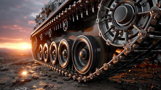 Tank track system in motion showcasing detailed mechanical components, highlighting the intricate design and functionality of military vehicles on rugged terrain during sunset