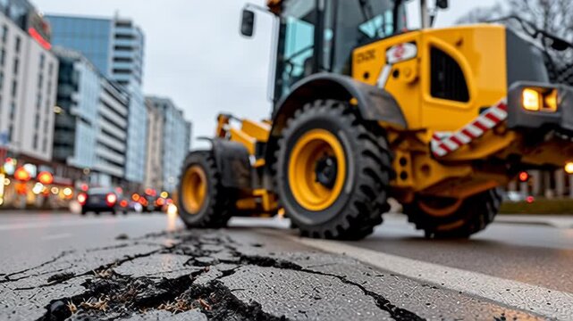 Heavy construction vehicle operating on cracked asphalt road, showcasing machinery in action as it prepares to repair surface damage with visible tire tracks and urban backdrop
