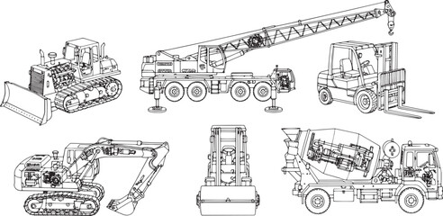 An assembly of essential machinery, perfectly detailed to illustrate their core functionality and diverse application. This illustration presents heavy machinery.