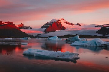 Sunset over icy fjord with floating glaciers and snow-capped mountains reflecting in calm water