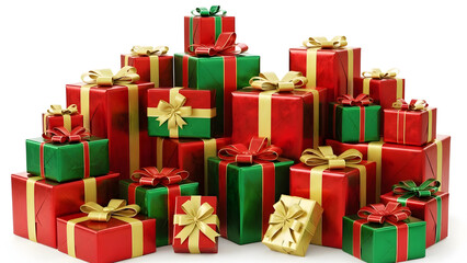 A large pile of brightly wrapped christmas presents in red green and gold
