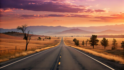 sunset in the mountains, Long empty road stretching through landscape during sunset, warm colors, and journey concept