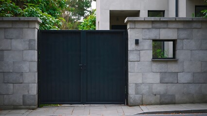 Naklejka premium Black Metal Gate Surrounded by Stone Wall with Greenery and Modern Architecture