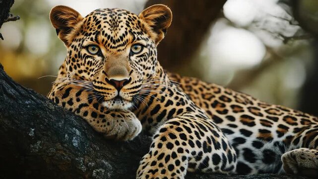 A leopard is laying on a tree branch. It has a black and white spotted coat