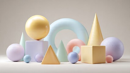 Colorful Abstract 3D Rendered Primitive Shapes Composition on Beige Background