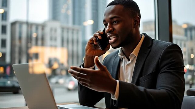 A professional man engages in a phone conversation while working on a laptop in a modern office setting.