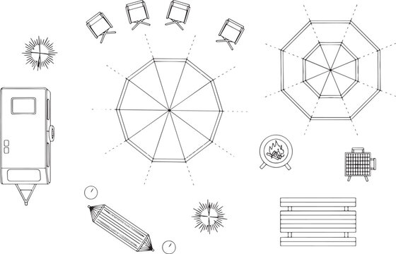 A detailed illustration of an outdoor living space, featuring an octagonal pavilion, chairs, a fire pit, and various other elements arranged in a top-down view.