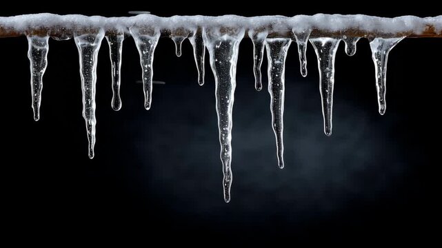 Icicles forming and melting on a metal pipe with dripping water, showcasing the gradual transition from solid ice to liquid, highlighting the effects of temperature changes on frozen structures