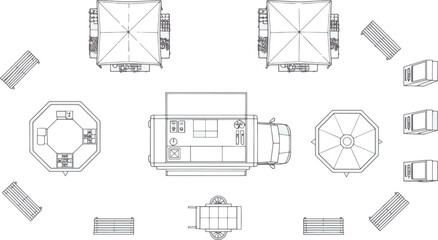 An aerial view of an architectural blueprint of an outdoor event setup, showcasing several tables and seating arrangements, ideal for various social gatherings.