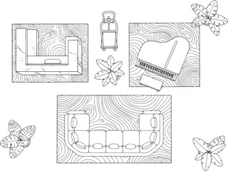 A top-down interior design schematic featuring furniture layout. 