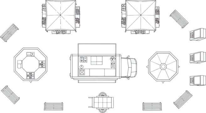 An aerial view of an architectural blueprint of an outdoor event setup, showcasing several tables and seating arrangements, ideal for various social gatherings.