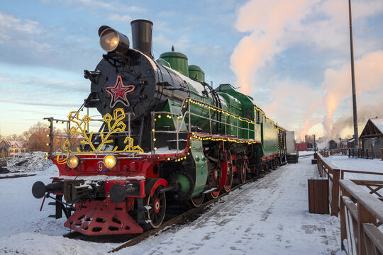SORTAVALA, RUSSIA - FEBRUARY 20, 2025: Old Soviet steam locomotive Su.250-74 at Sortavala station, Karelia