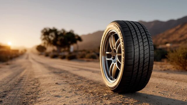 Tire positioned on dirt road with sunset backdrop showcasing detailed tread patterns and reflections, emphasizing the journey ahead and the rugged terrain for off-road adventures