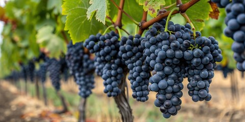 Fototapeta premium Lush purple grapes hanging from vine in vineyard setting outdoors
