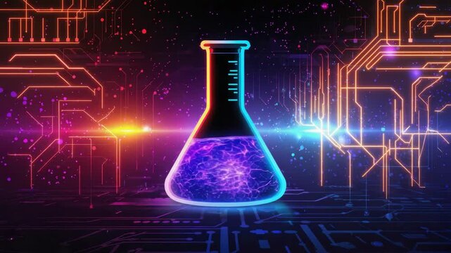 The showcases a vibrant fusion of chemistry and technology with a lit up flask in the center surrounded by digital circuit patterns on a cosmic background.