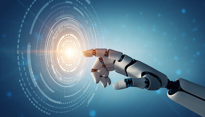 Robotic Hand Reaching Toward Glowing AI Icon, Futuristic Artificial Intelligence Interface with Sleek Mechanical Details and Advanced Technology Design