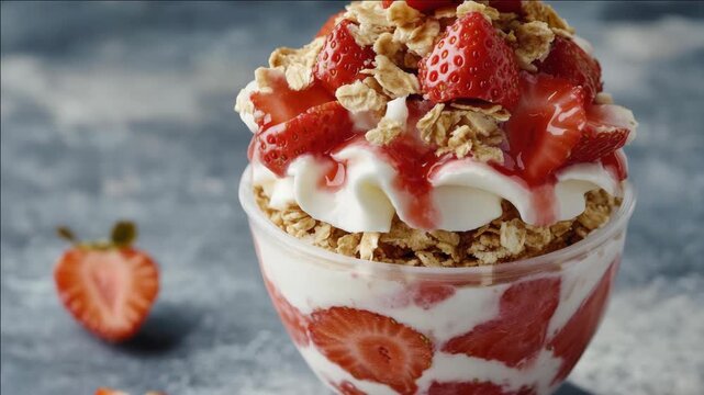 A tantalizing parfait featuring layers of fresh berries, creamy yogurt, and crunchy granola, presented in an appealing display. Perfect for a healthy breakfast or snack.