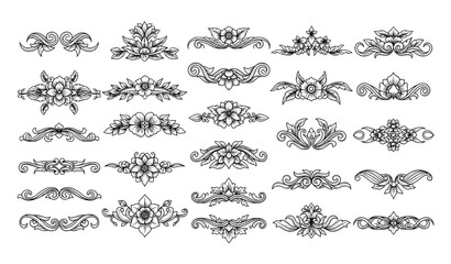 Fototapeta premium Vintage floral ornament coloring book vector set with symmetrical line art isolated on transparent background