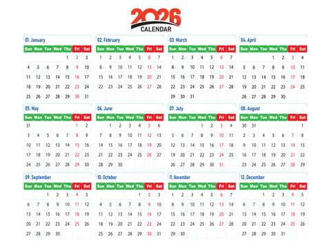 Colorful 2026 full year calendar with highlighted holidays, organized monthly layout, and modern printable design