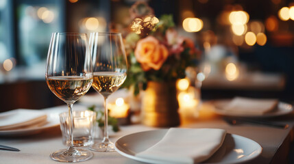 Elegant wedding decoration restaurant table with wine glass heavily defocused bar table background soft light romantic atmosphere dinner service menu guests candle with copy