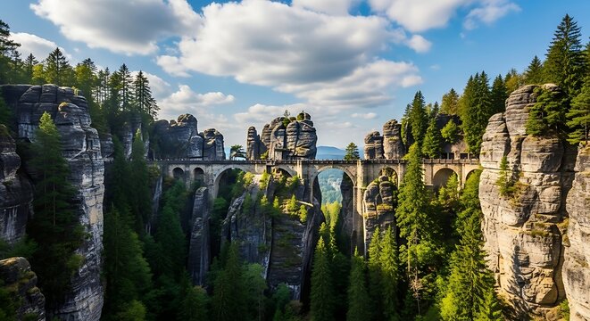 Bastei Bridge - Majestic sandstone formations and lush greenery.