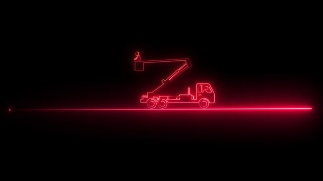 Neon Light of Cherry Picker Truck with Worker on Elevated Platform in Dark Background neon light cherry picker truck